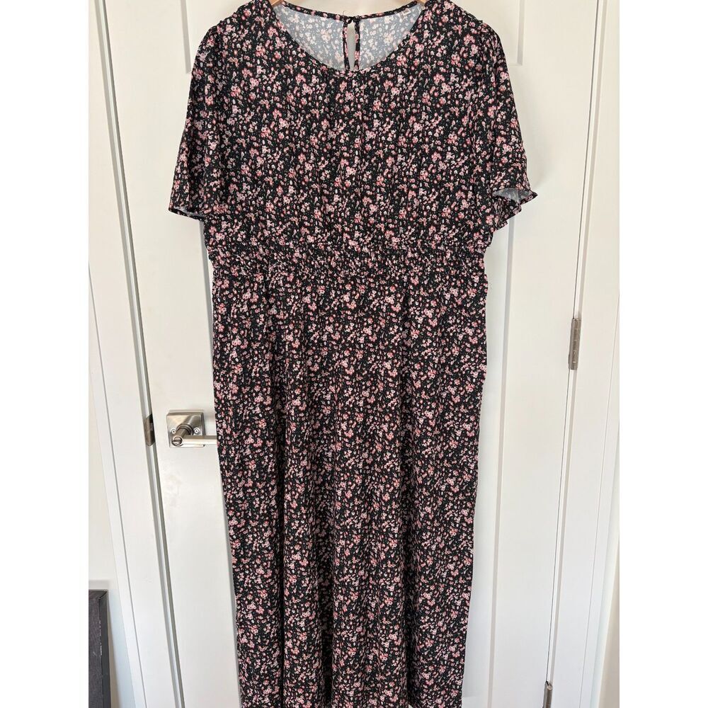 Women’s Black Floral Boho Dress Short Sleeve Ruffle Smocked Size XXL New